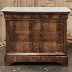 19th Century French Louis Philippe Walnut Commode ~ Chest of Drawers with Carrara Marble
