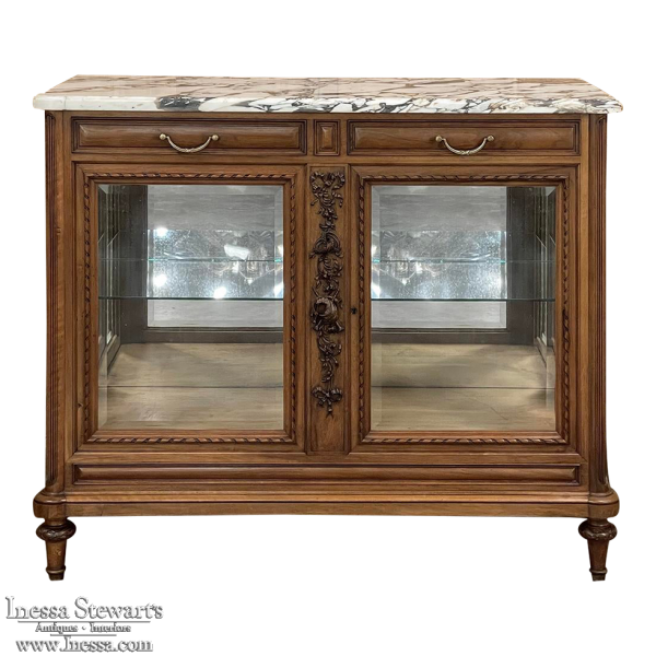 Antique French Louis XVI Maple Marquetry Marble Top Display Buffet