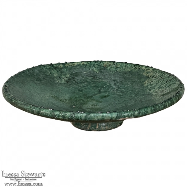 Antique Rustic Earthenware Centerpiece Bowl in Green Glaze