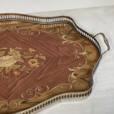 Vintage Italian Marquetry Serving Tray with Brass Rail