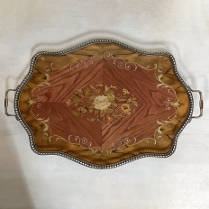 Vintage Italian Marquetry Serving Tray with Brass Rail