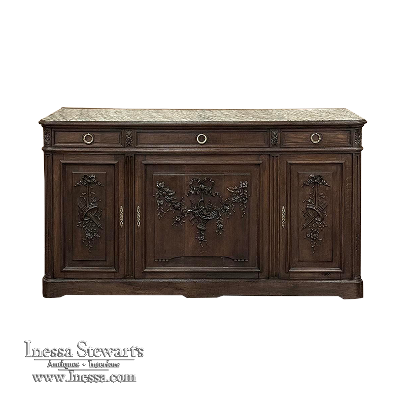 19th Century French Louis XVI Walnut Marble Top Buffet ~ Credenza