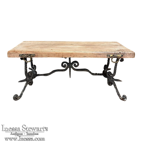 Antique Rustic Butcher Block Wrought Iron Coffee Table