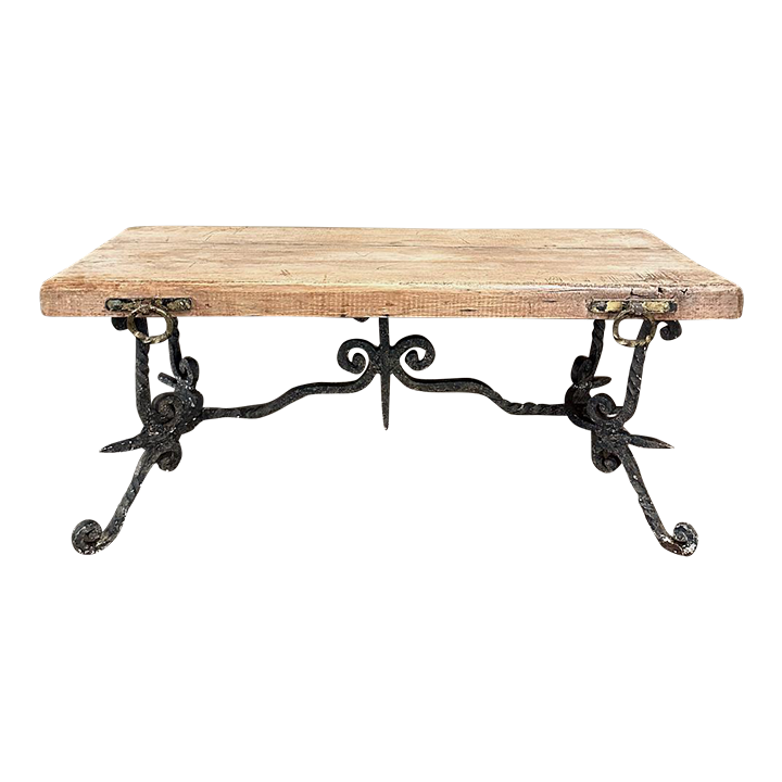 Antique Rustic Butcher Block Wrought Iron Coffee Table