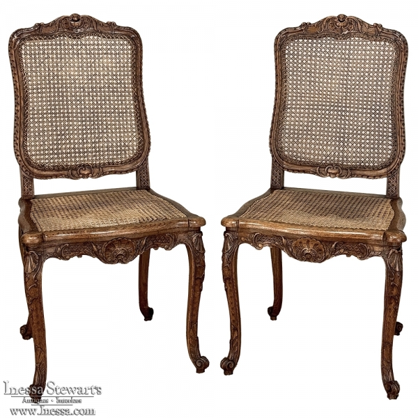 Pair Antique French Louis XIV Carved Oak Caned Occasional Chairs