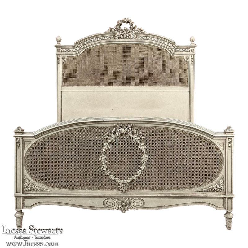 19th Century French Louis XVI Painted QUEEN Bed with Caning