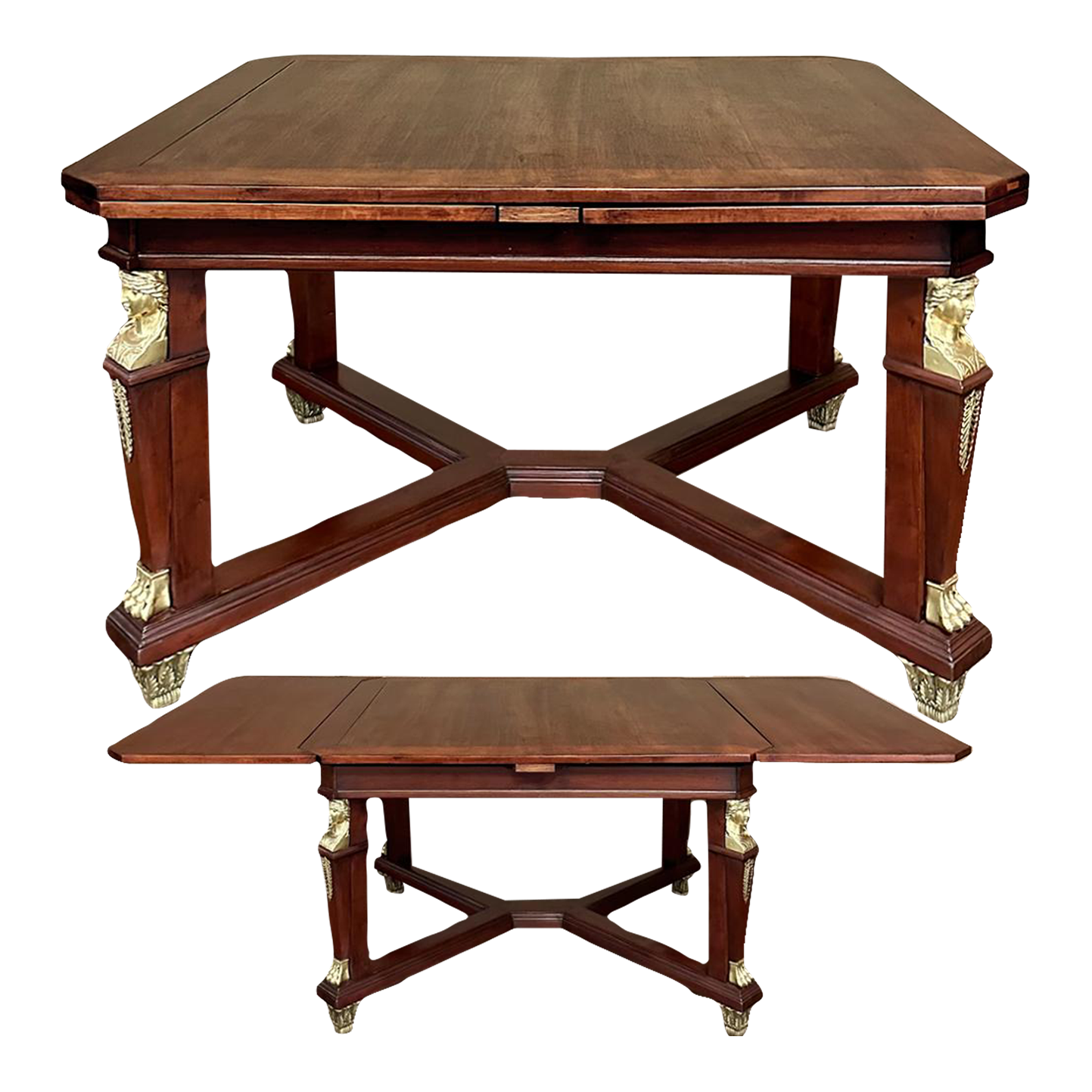 Antique French Empire Mahogany Draw Leaf Dining Table with Bronze