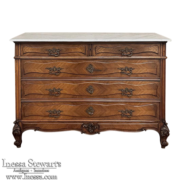 Antique French Louis XV Walnut Commode with Carrara Marble