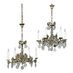 Pair Antique French Louis XVI Bronze & Crystal Chandeliers