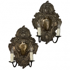 Pair Antique Embossed Baroque Brass Wall Sconces