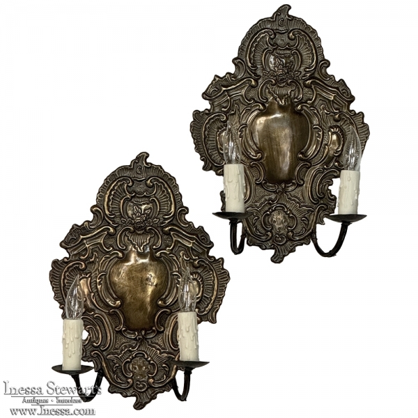 Pair 19th Century Embossed Brass Baroque Wall Sconces