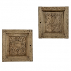 Pair Antique Solid Oak Hand-Carved Decorative Stripped Panels