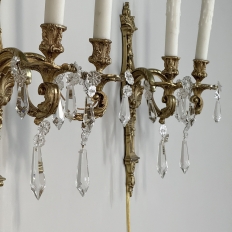 Pair French Louis XIV Bronze Sconces with Crystals