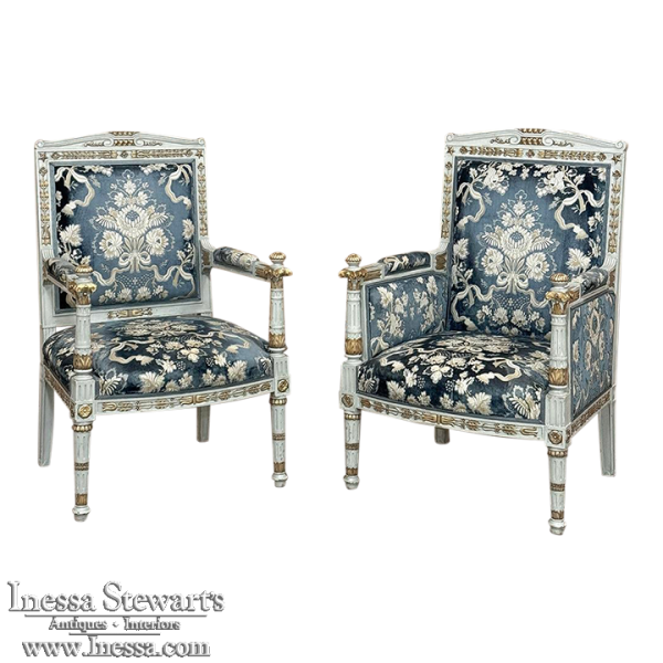 Pair 19th Century French Napoleon III Period Empire Style Painted Armchairs ~ Bergere with Fauteuil