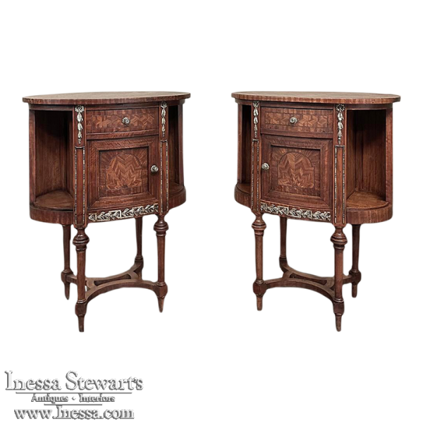 Pair Antique French Louis XVI Oval Marquetry Nightstands ~ End Tables