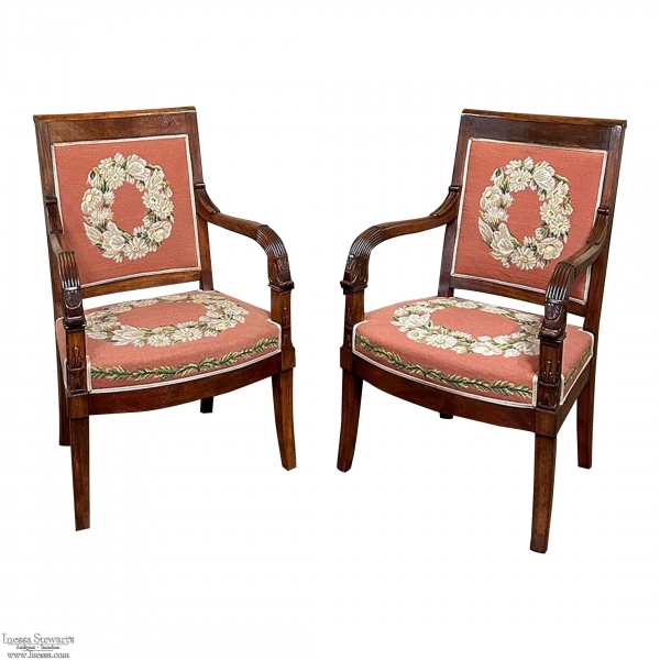 PAIR 19th Century French Mahogany Empire Armchairs with Needlepoint Tapestry