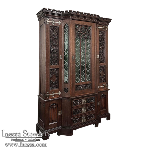 19th Century French Gothic Revival Bookcase with Stained Glass