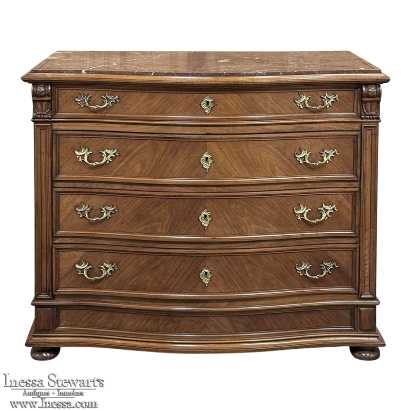 Antique Dutch Neoclassical Marble Top Walnut Chest of Drawers