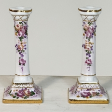 Pair Antique Hand-Painted Porcelain Candlesticks
