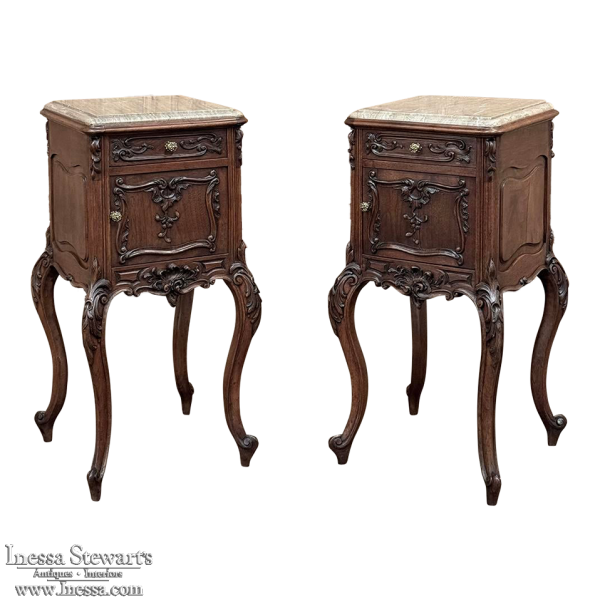 Pair 19th Century French Louis XV Walnut Marble Top Nightstands