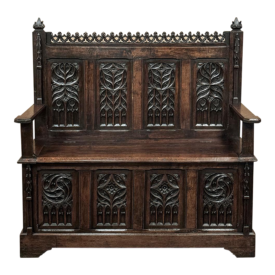 19世紀～ 1800's～ France antique Stall 19th Century French Gothic Hall Bench - Inessa Stewart's Antiques