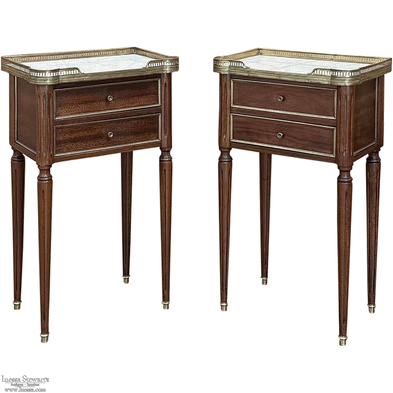 Pair Antique French Directoire Style End Tables with Carrara Marble