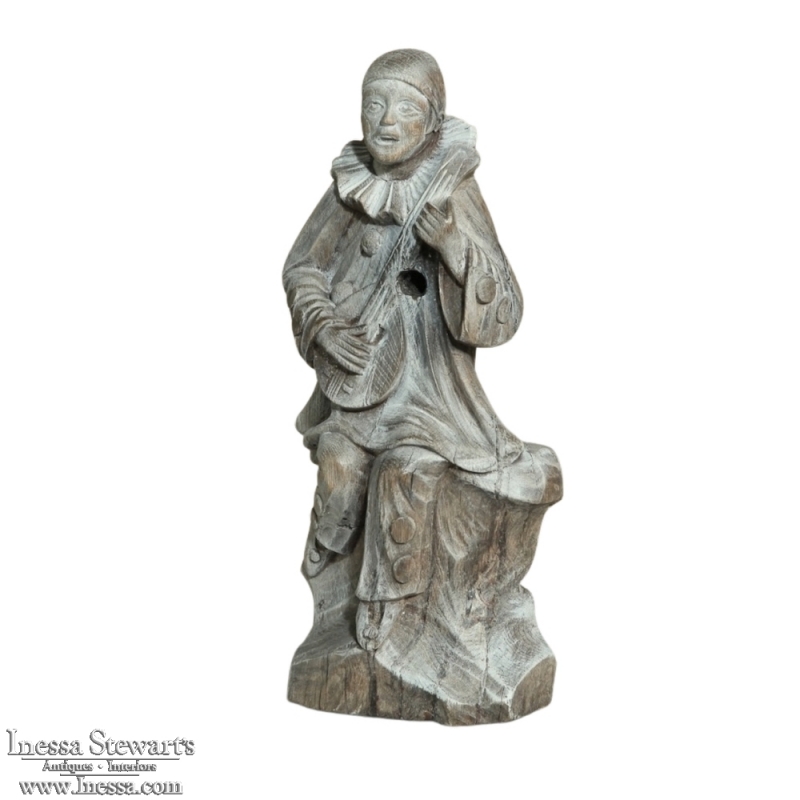 Antique Italian Hand Carved Signed Wood Venetian Carnaval Jester Statue, Signed - Woussente