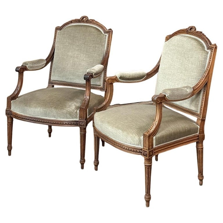 Pair 19th Century French Walnut Armchairs ~ Fauteuils with Mohair