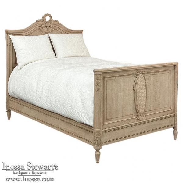 Antique Country French Louis XVI Stripped Oak Full-Size Bed