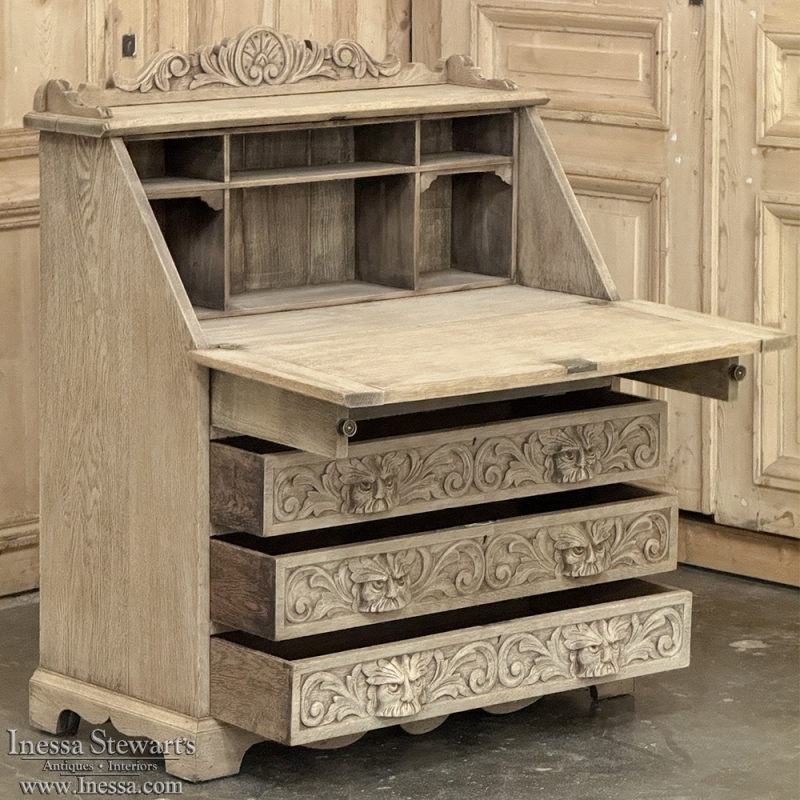 19th Century Dutch Renaissance Drop-Front Secretary Desk in Stripped Oak