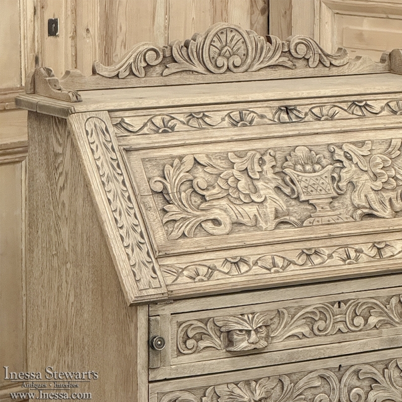19th Century Dutch Renaissance Drop-Front Secretary Desk in Stripped Oak