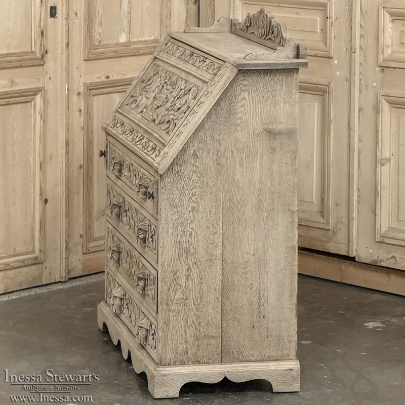 19th Century Dutch Renaissance Drop-Front Secretary Desk in Stripped Oak
