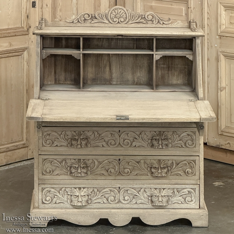 19th Century Dutch Renaissance Drop-Front Secretary Desk in Stripped Oak