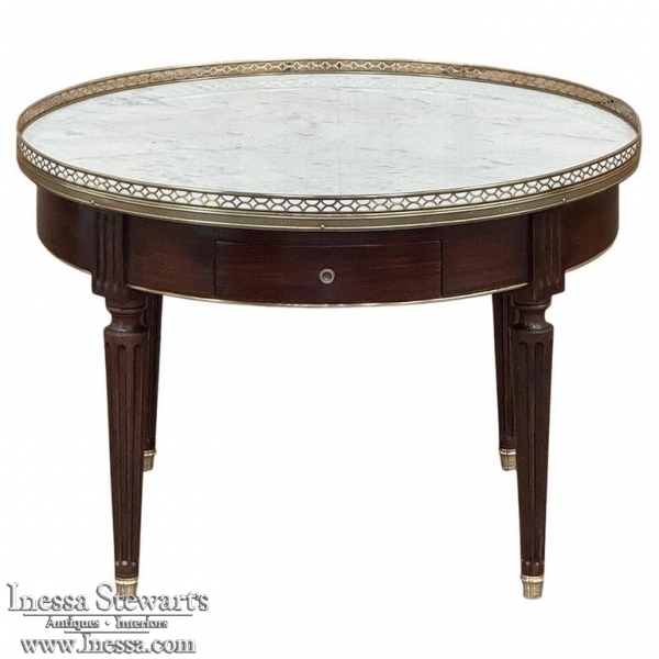 Antique French Louis XVI Mahogany Marble Top Bouillotte Coffee Table
