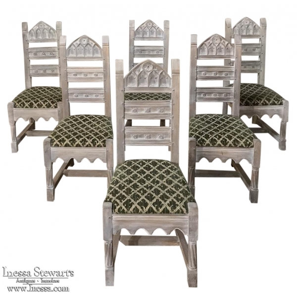 Set of 6 Antique Rustic French Gothic Whitewashed Dining Chairs