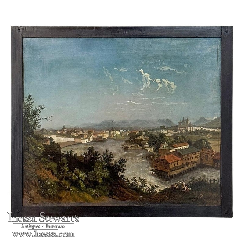 18th Century Framed Oil Painting on Wood Panel of Wachau, Austria