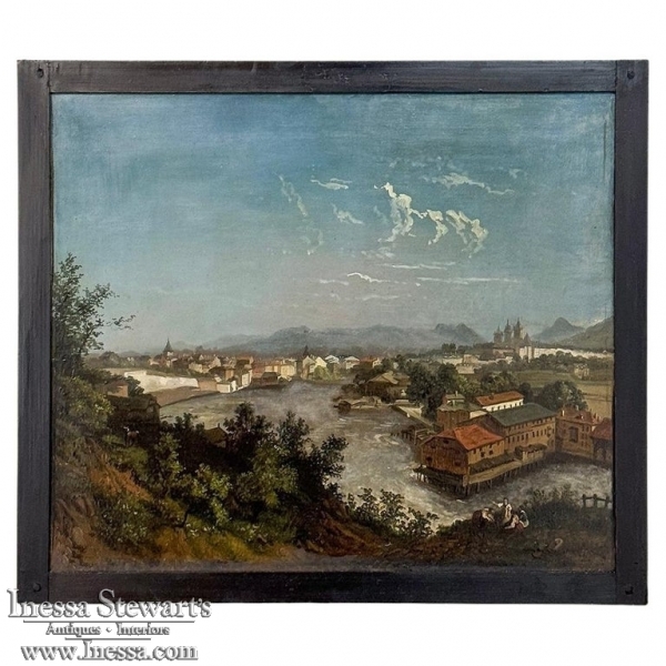 18th Century Framed Oil Painting on Wood Panel of Wachau, Austria