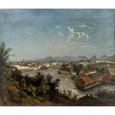 18th Century Framed Oil Painting on Wood Panel of Wachau, Austria