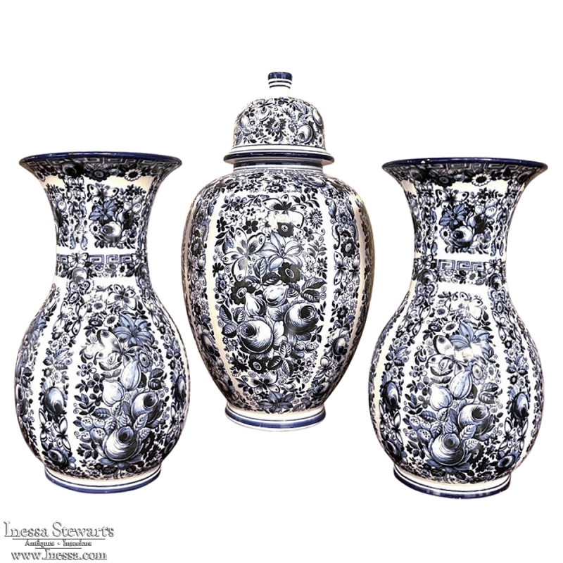 Antique Three-Piece Blue & White Garniture from Delfts