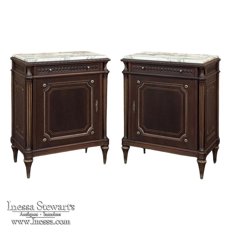 Pair Napoleon III Period Marble Top Mahogany Confituriers ~ Cabinets