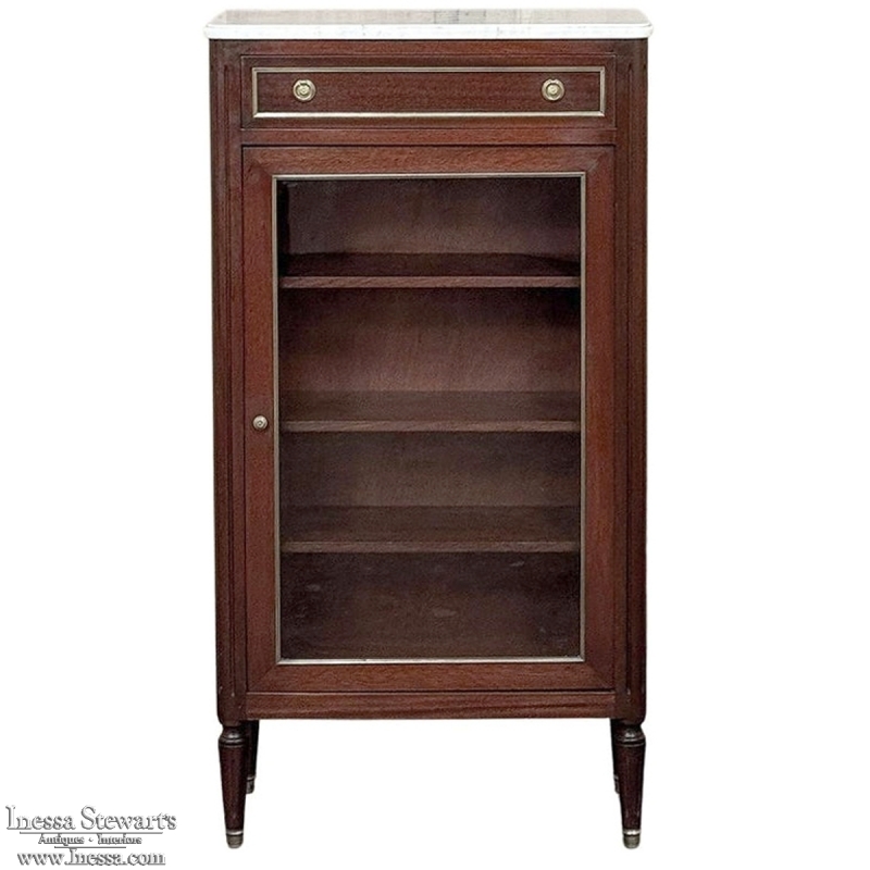Antique Directoire Style Mahogany Petite Vitrine with Carrara Marble