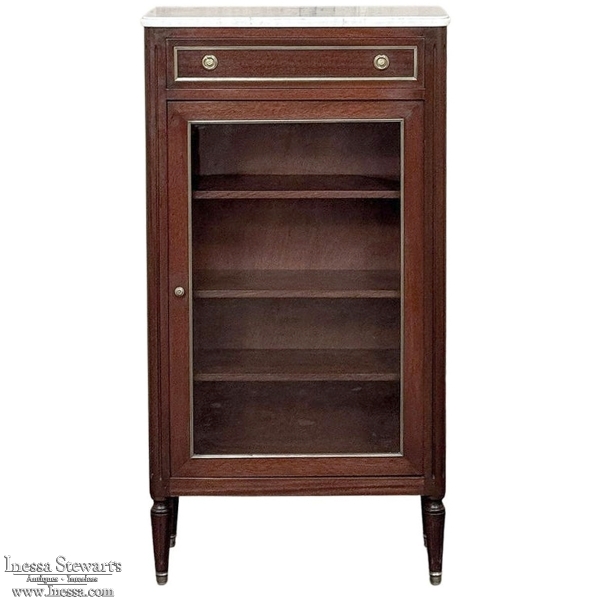 Antique Directoire Style Mahogany Petite Vitrine with Carrara Marble
