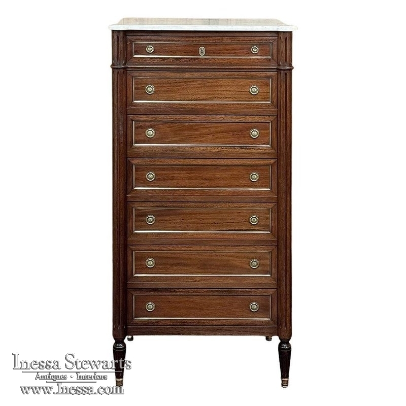 Antique French Louis XVI Semainier ~ Tall Chest of Drawers with Carrara Marble