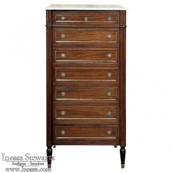 Antique French Louis XVI Semainier ~ Tall Chest of Drawers with Carrara Marble