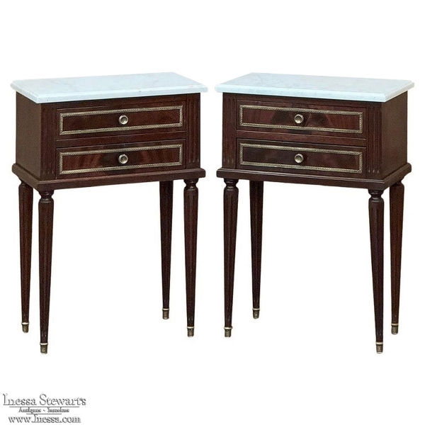 Pair Louis XVI Style Mahogany End Tables ~ Nightstands with Carrara Marble