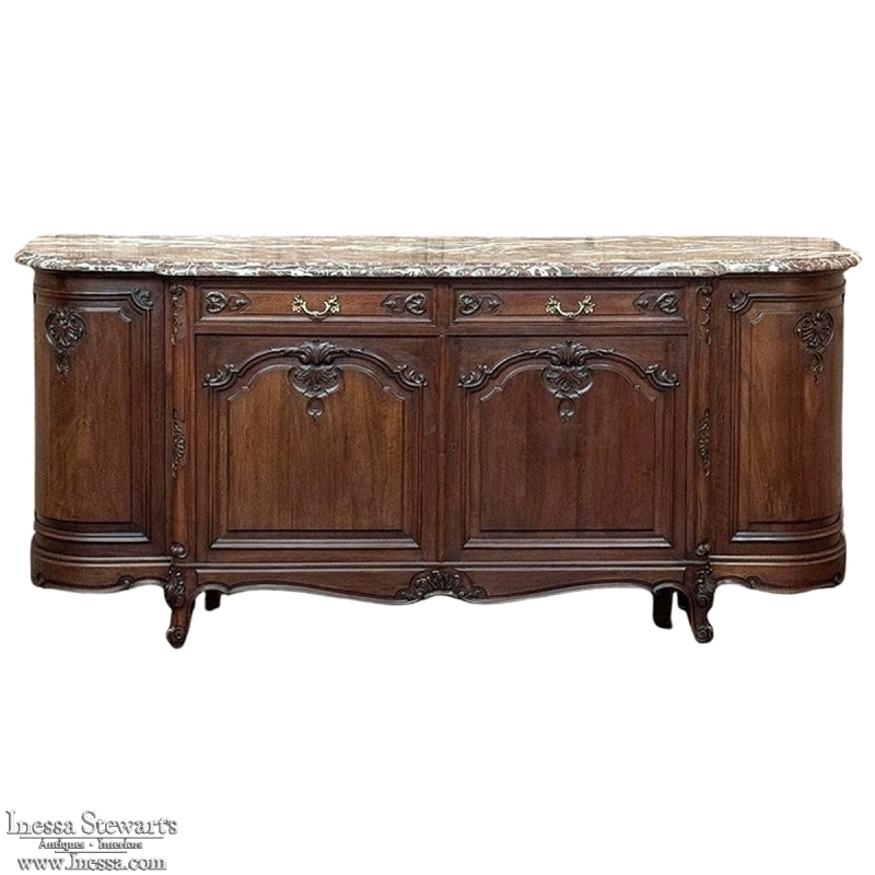 Antique French Louis XIV Walnut Round Side Marble Top Buffet