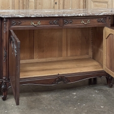 Antique French Louis XIV Walnut Round Side Marble Top Buffet