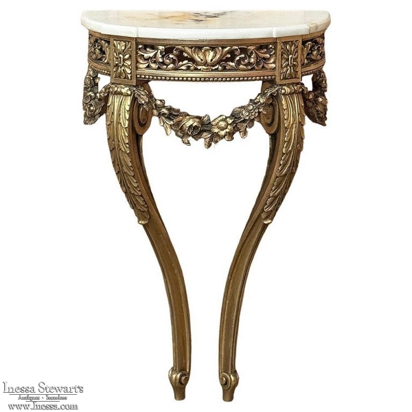 Antique French Louis XVI Giltwood Demilune Marble Top Console