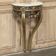 Antique French Louis XVI Giltwood Demilune Marble Top Console