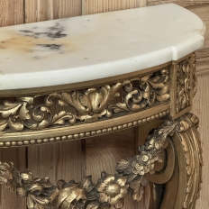 Antique French Louis XVI Giltwood Demilune Marble Top Console